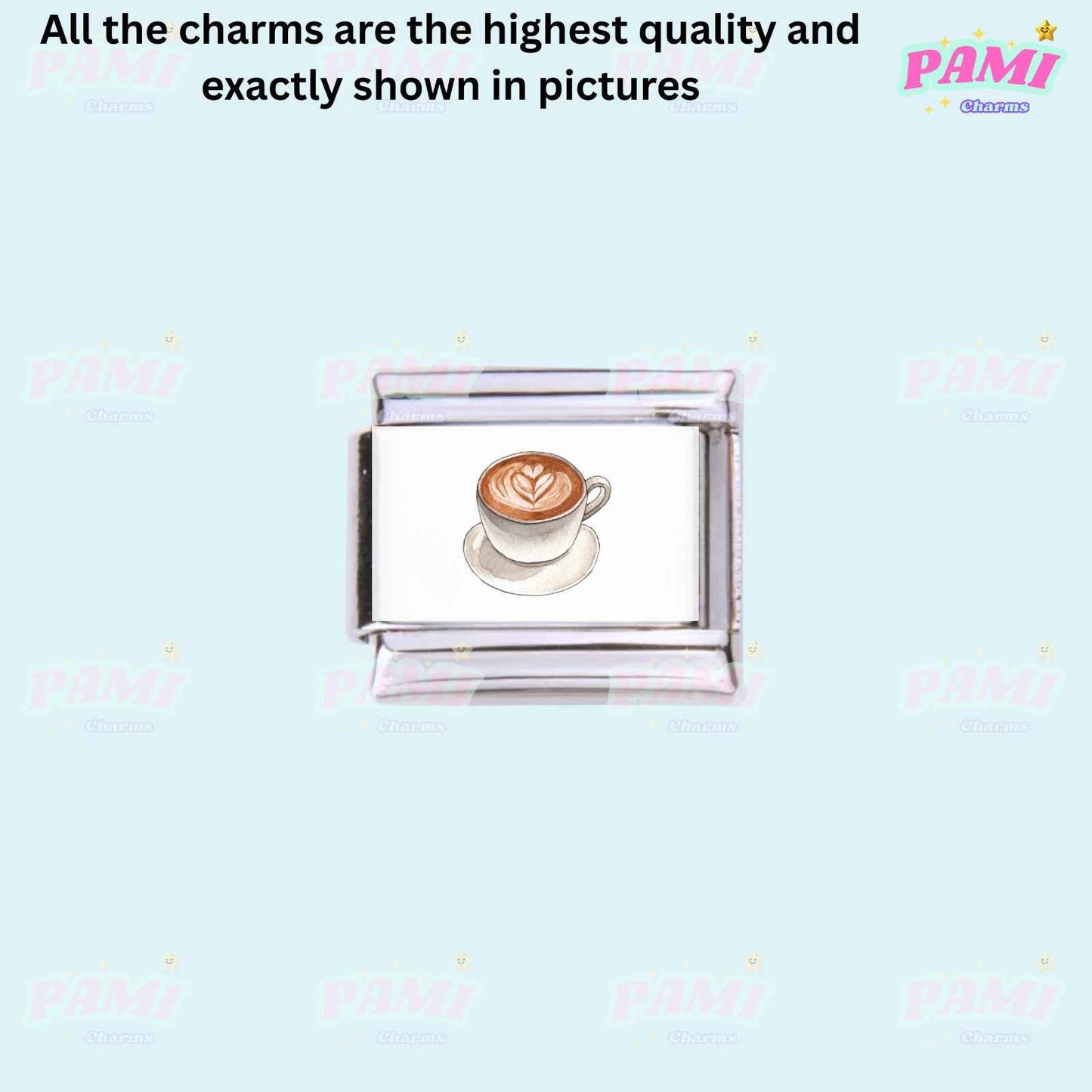 Pami Charms Italian charms featuring a detailed coffee cup with latte art on a silver charm