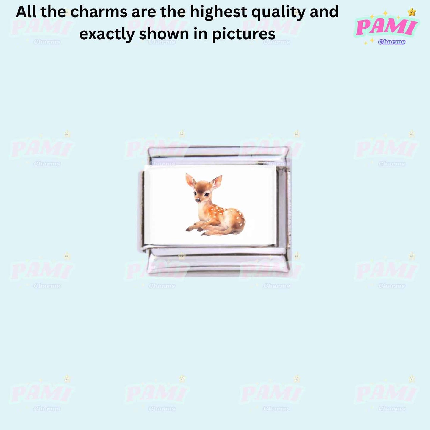 Pami Charms Italian charms featuring a detailed deer design on a polished metal link charm