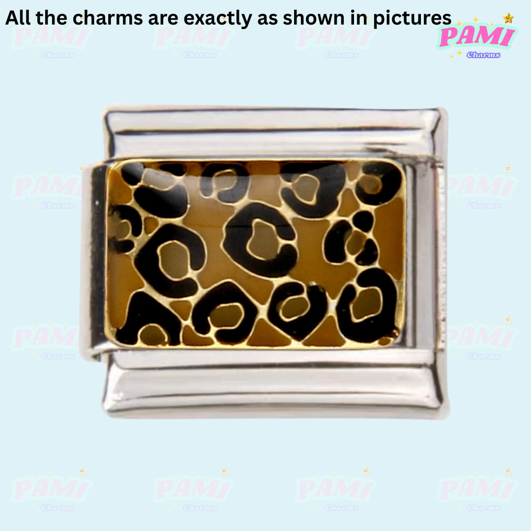 Pami Charms Italian charms with gold and black leopard print design in silver frame