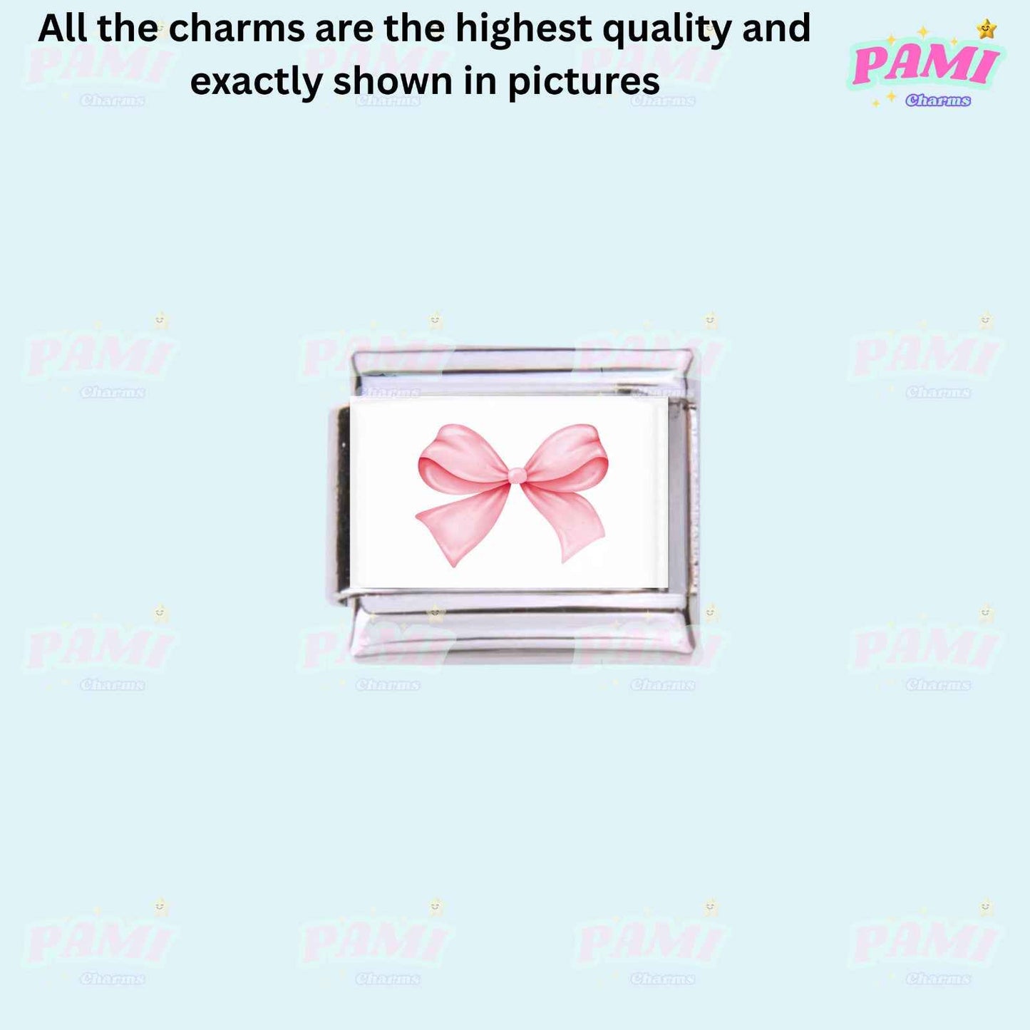 Pami Charms Italian charms with a delicate pink bow design on stainless steel base
