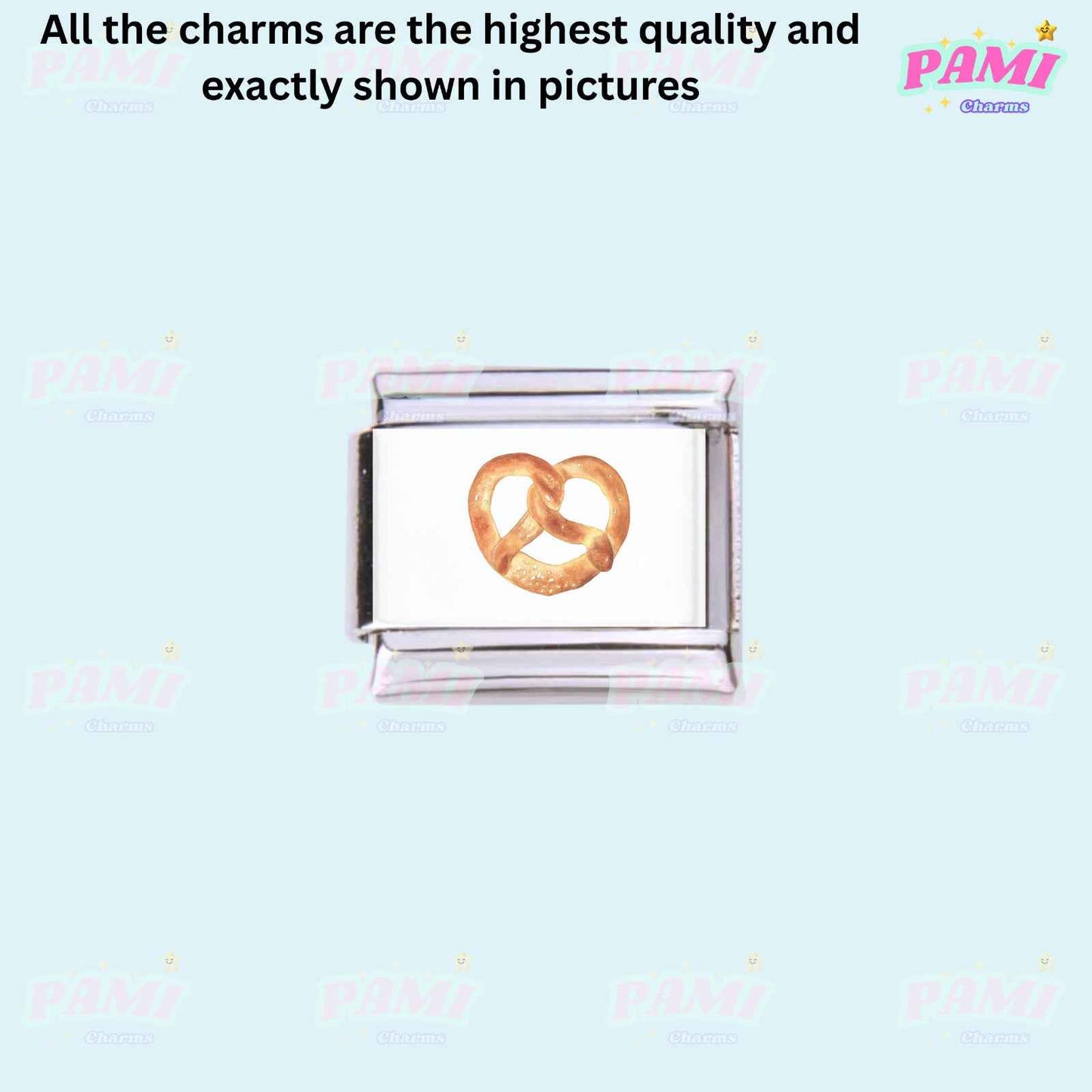 Pami Charms Italian charms featuring a gold pretzel design on a silver charm link