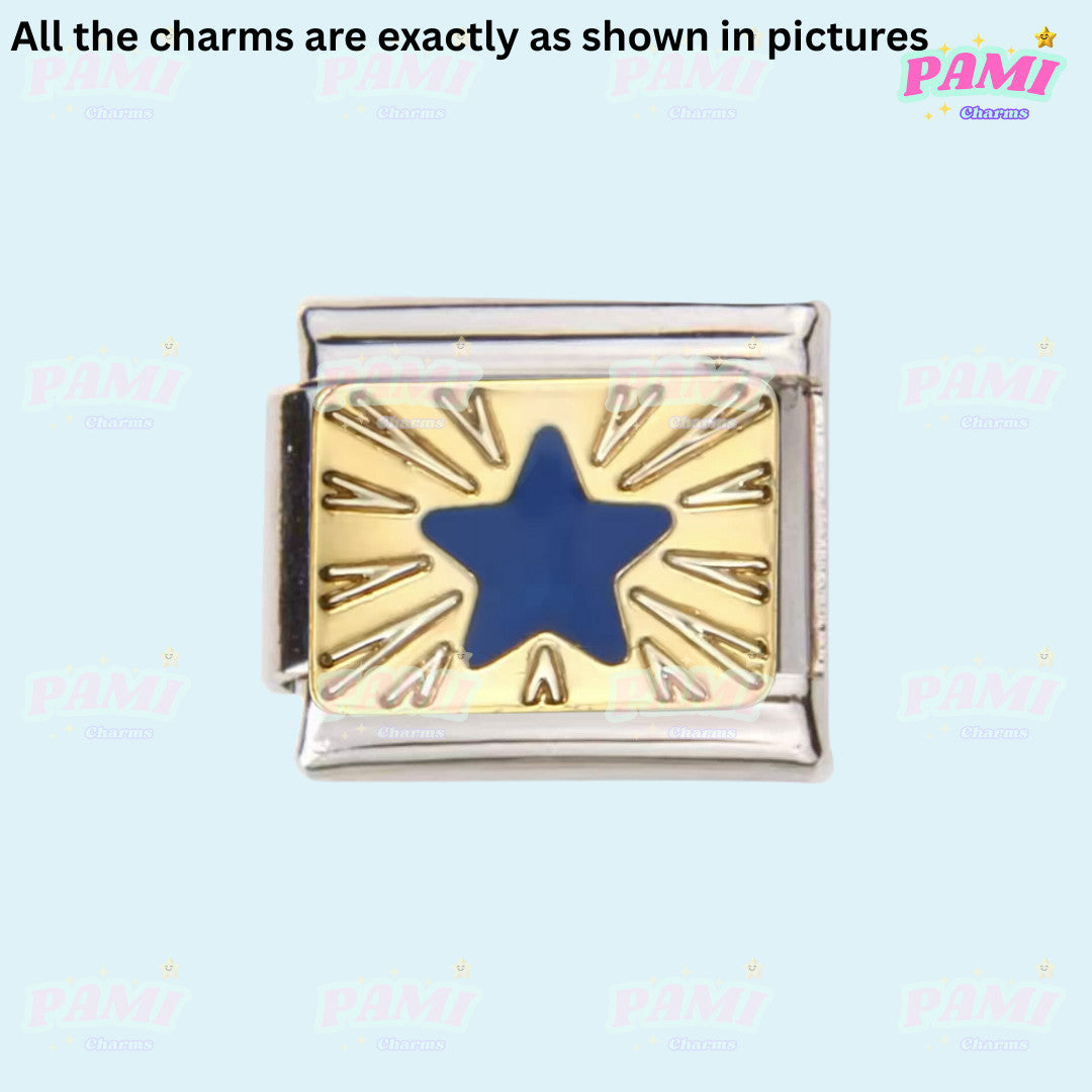 Pami Charms Italian charms silver and gold rectangular charm with blue star design