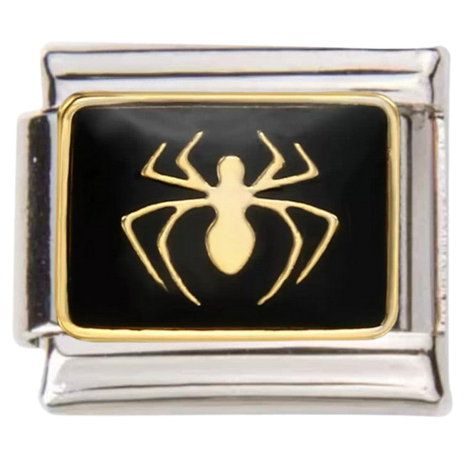 Pami Charms Italian charms featuring a black and gold spider design on a silver base