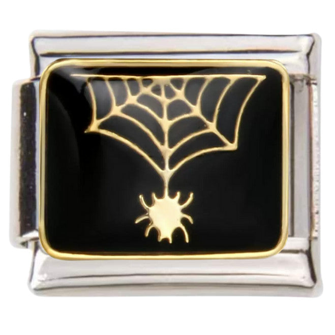 Pami Charms Italian charms with black background and gold spider web design