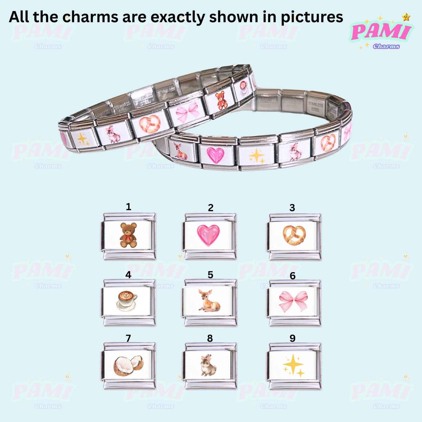 Italian charms by Pami Charms featuring cute designs like teddy bear heart pretzel and coffee cup on silver bracelets