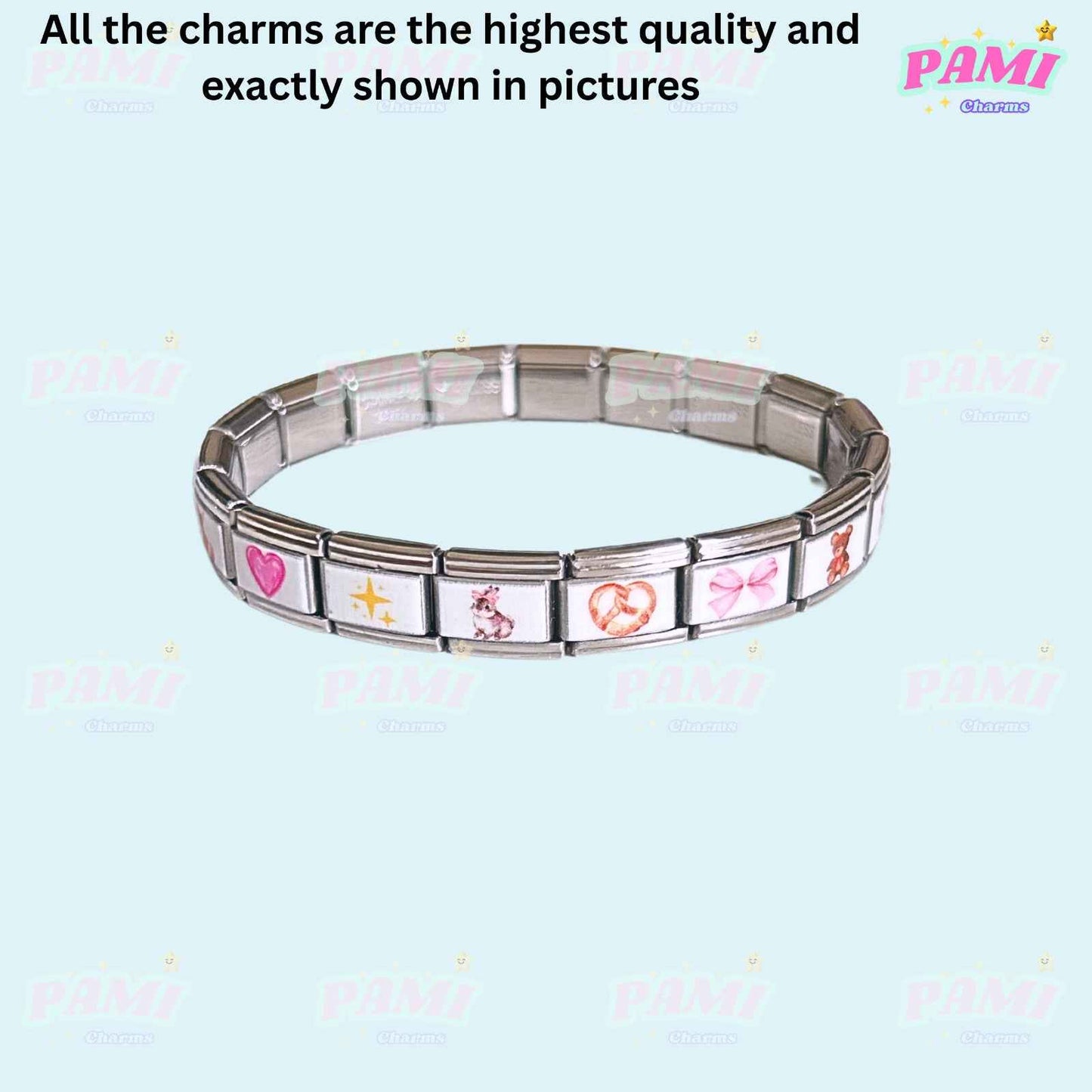 Pami Charms Italian charms bracelet with heart, star, unicorn, pretzel, bow, and bear links