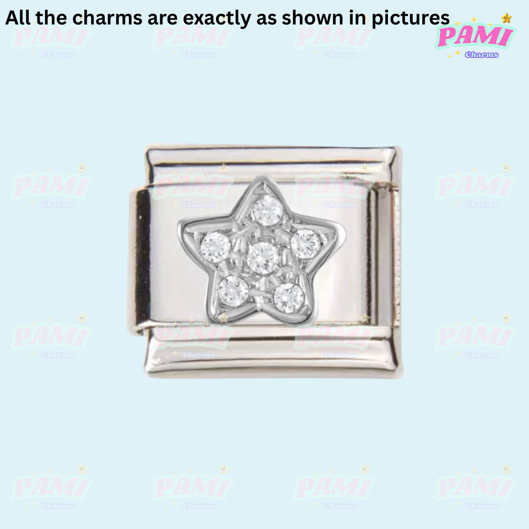 Pami Charms silver Italian charms featuring a star design adorned with clear sparkling stones