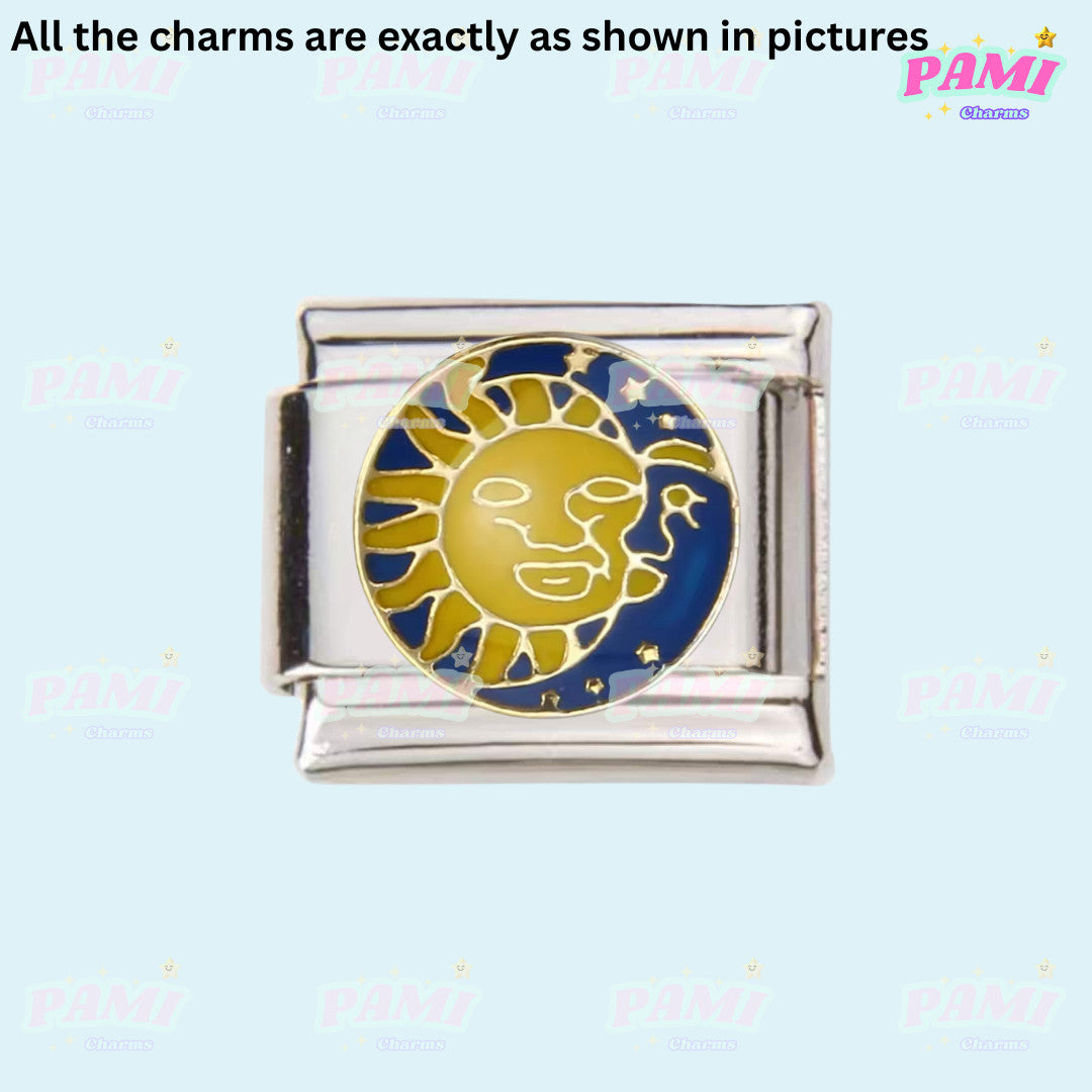 Pami Charms silver Italian charm featuring sun and moon design with yellow and blue enamel