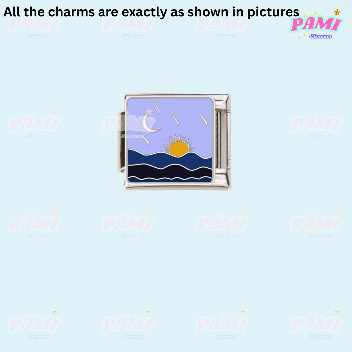 Italian charms by Pami Charms featuring silver-tone seaside design with moon sun and waves