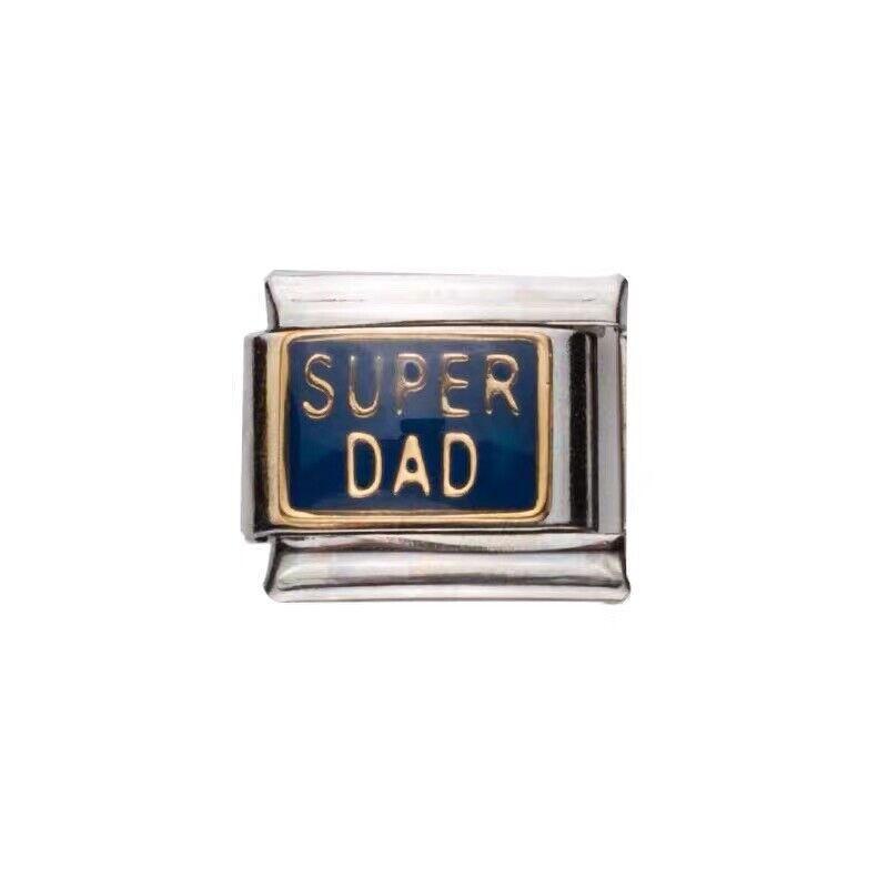 Pami Charms Italian charms silver link with blue and gold Super Dad inscription
