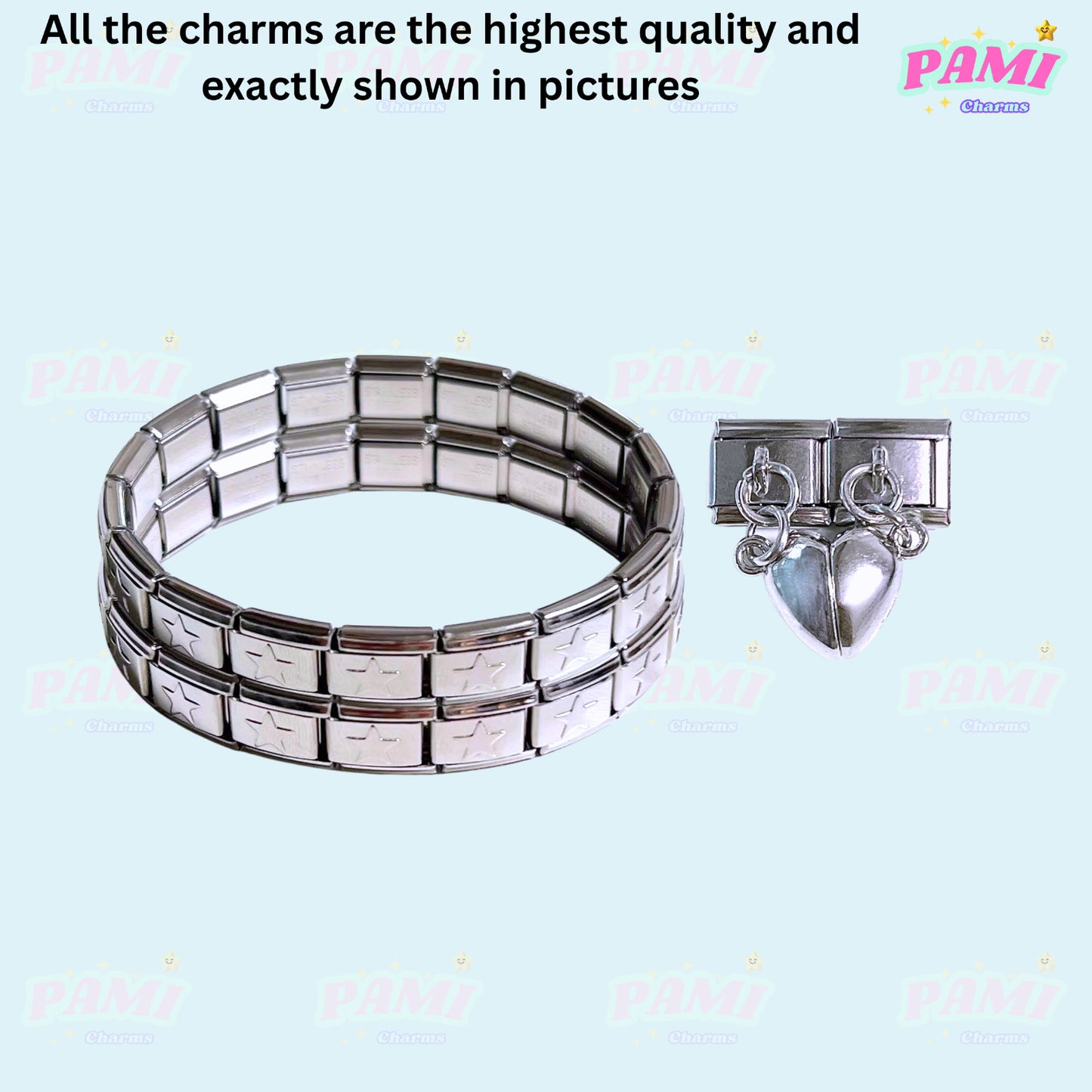 Silver Italian charms bracelet with heart and lock charms from Pami Charms