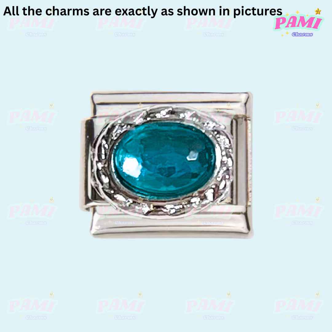 Pami Charms silver Italian charms with teal oval gemstone centerpiece and decorative accents