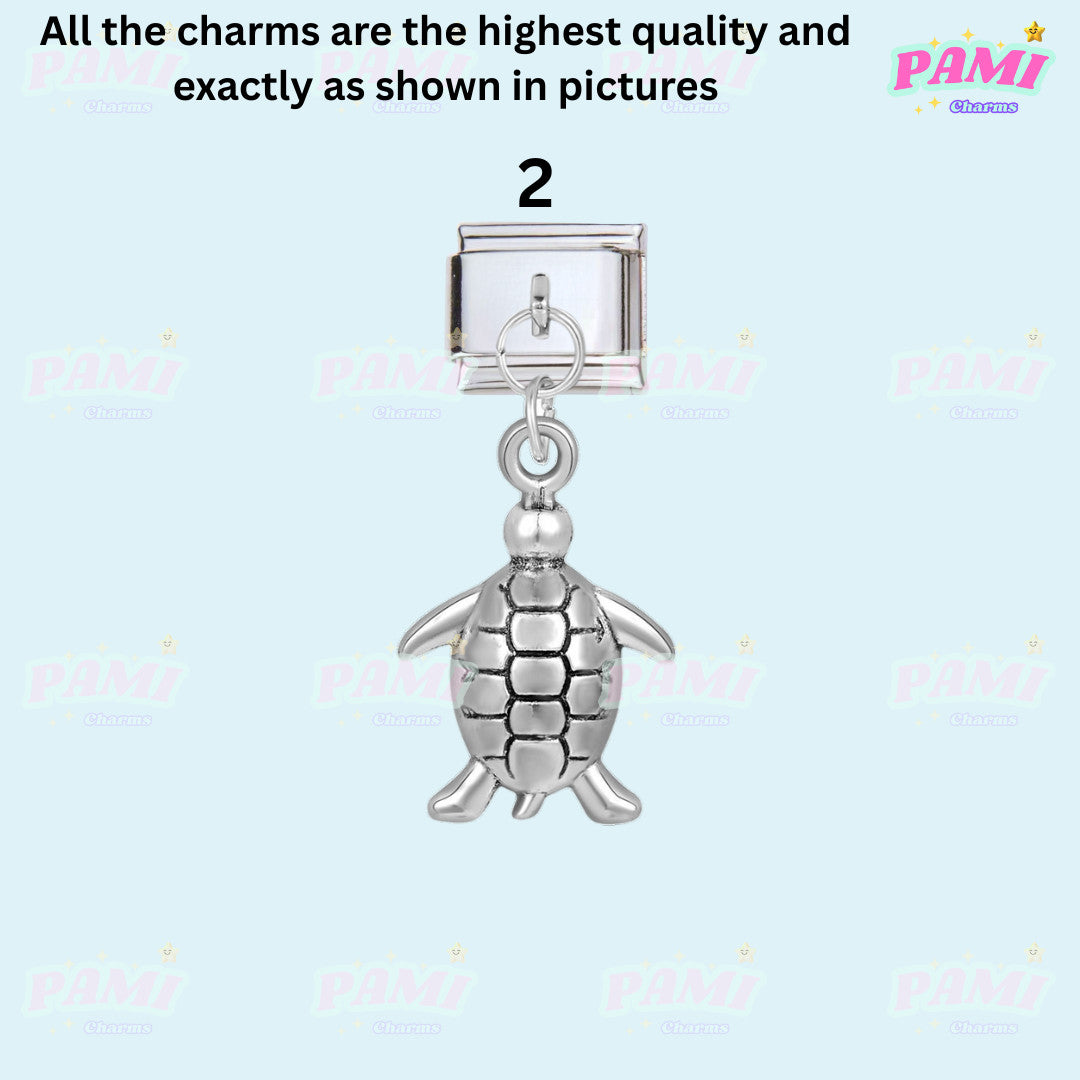 Silver turtle Italian charms with detailed shell design by Pami Charms