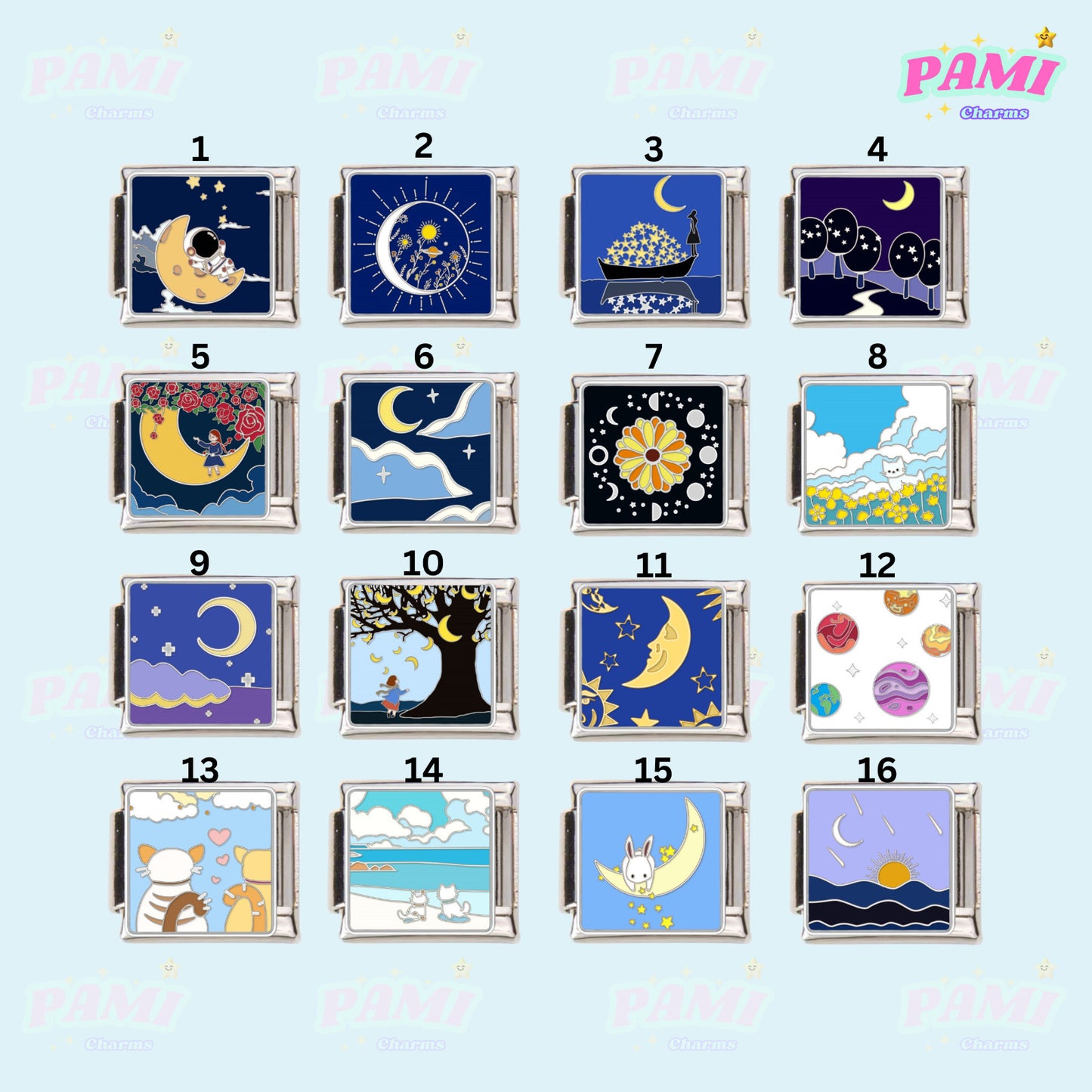 Set of 16 Pami Charms featuring various night sky and moon designs, perfect italian charms collection