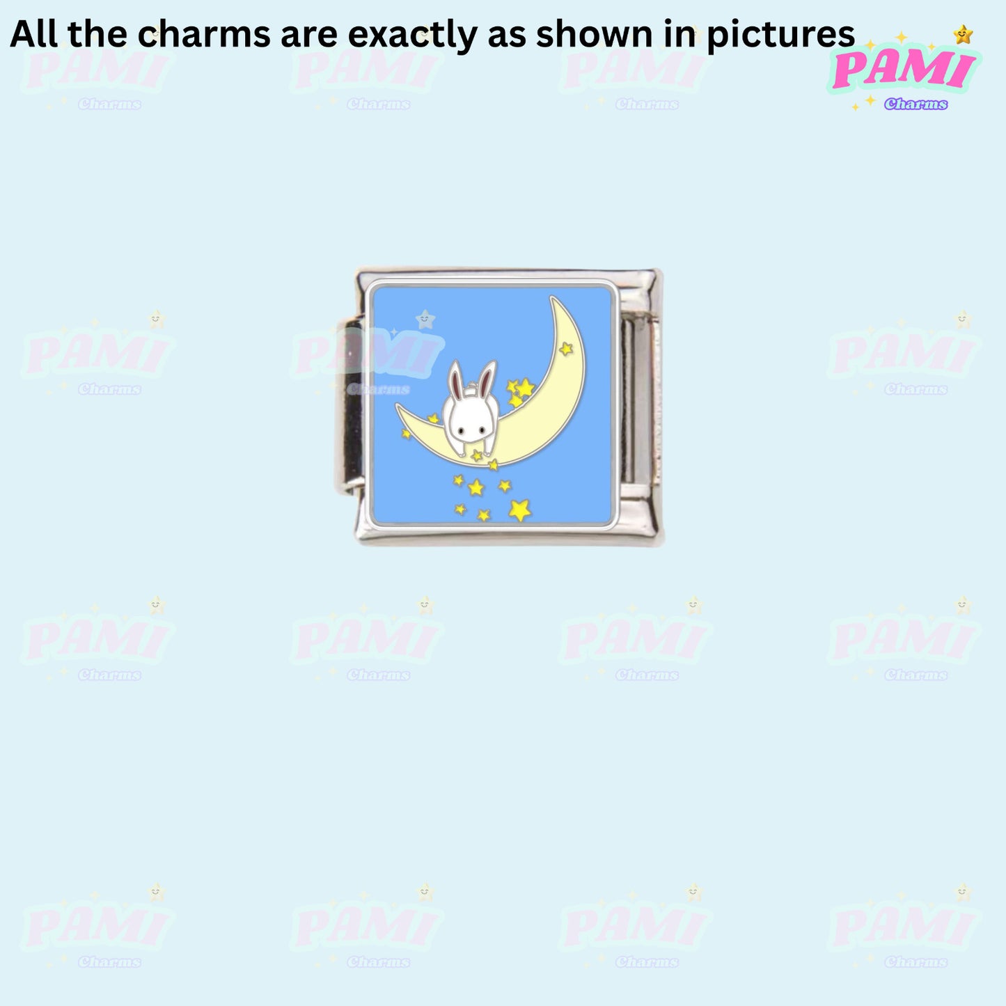 Pami Charms Italian charms featuring a cute rabbit sitting on a crescent moon with stars on a blue background