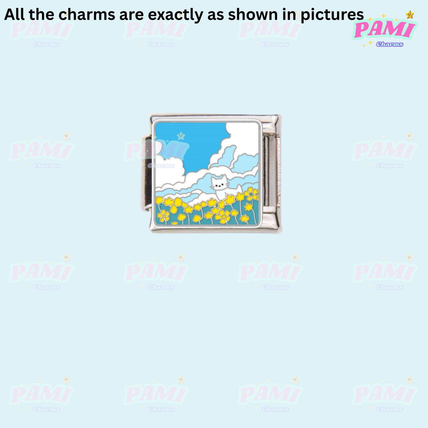 Pami Charms italian charms featuring a silver square charm with a cat in a yellow flower field under blue sky