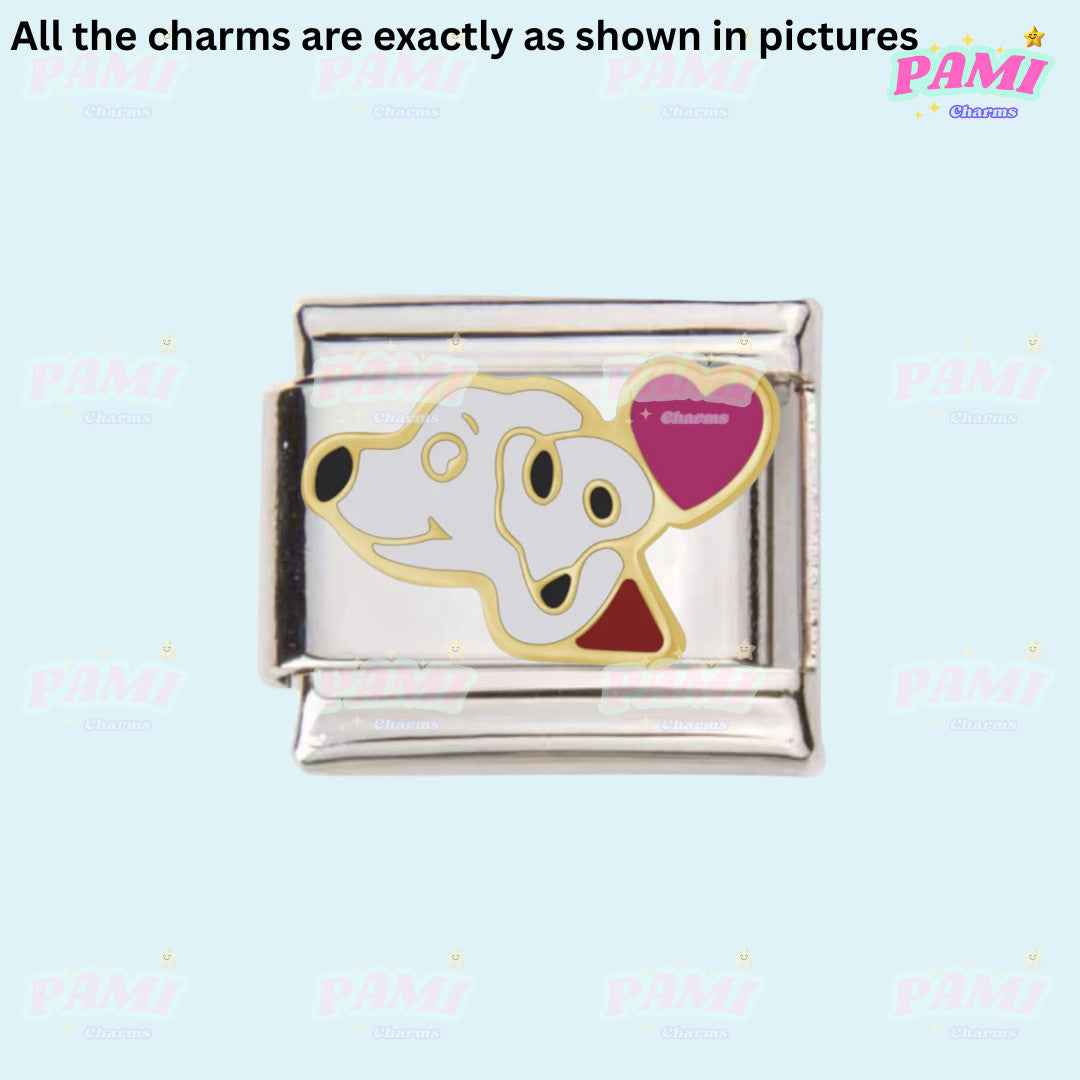 Pami Charms Italian charms featuring a silver link with a dog face and heart design