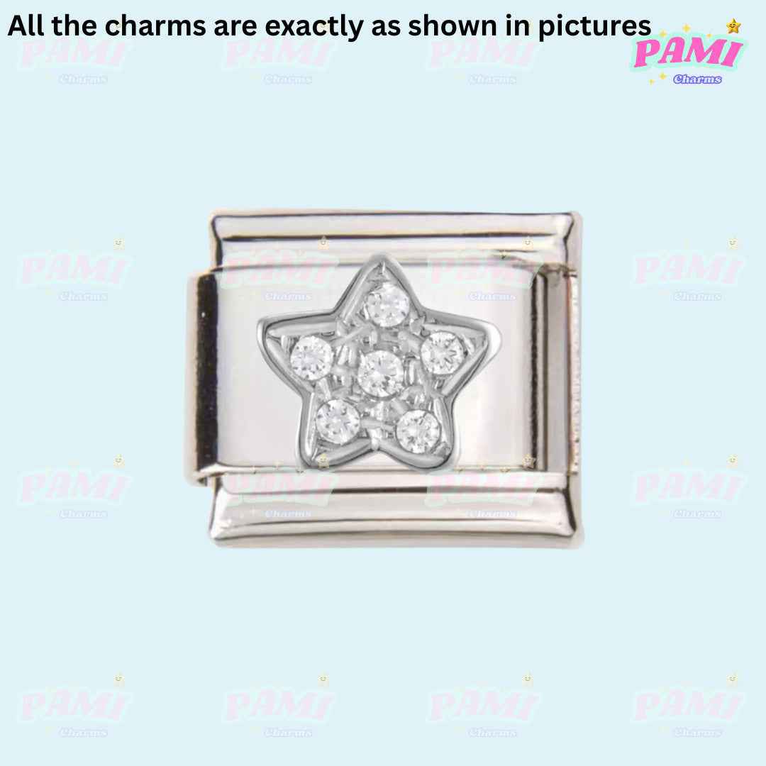 Pami Charms silver Italian charms with star design and embedded sparkling stones