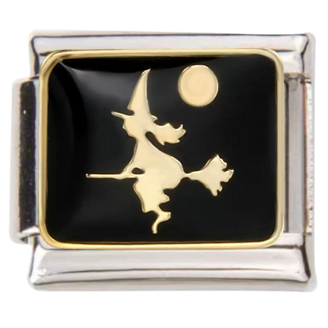 Pami Charms Italian charms featuring a gold witch and moon design on black enamel background