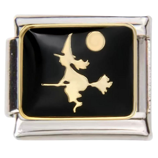 Pami Charms Italian charms featuring a gold witch silhouette on a black enamel background