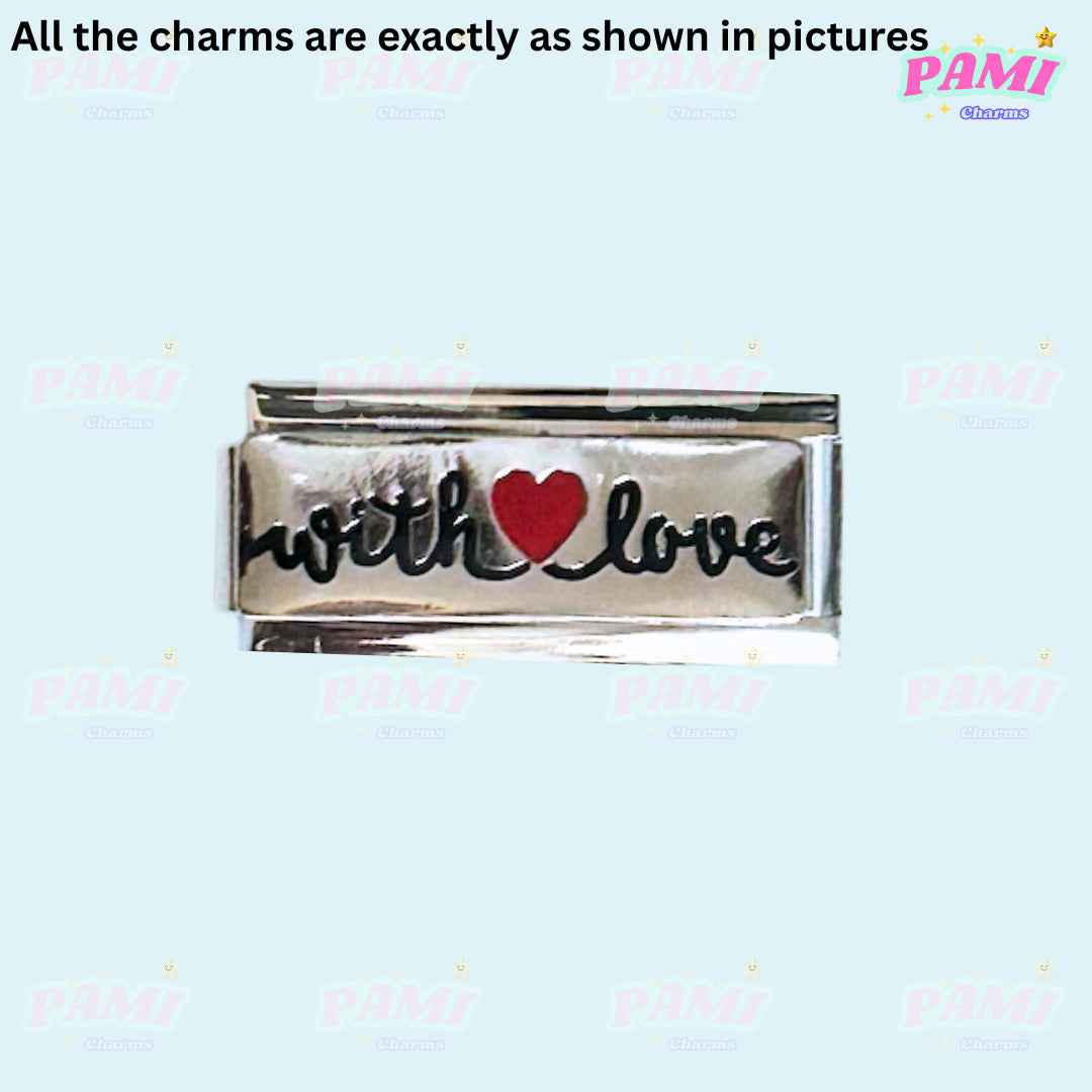 Pami Charms Italian charms silver link with red heart and black with love inscription