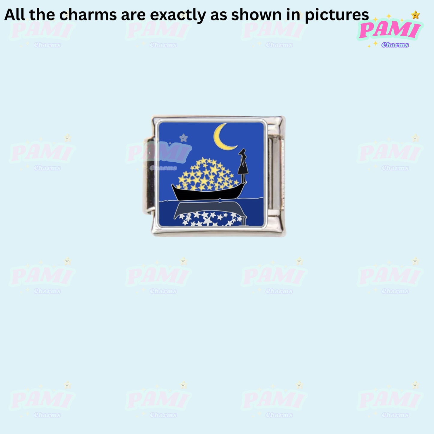 Pami Charms Italian charms with a night boat design featuring stars and moon in blue and silver