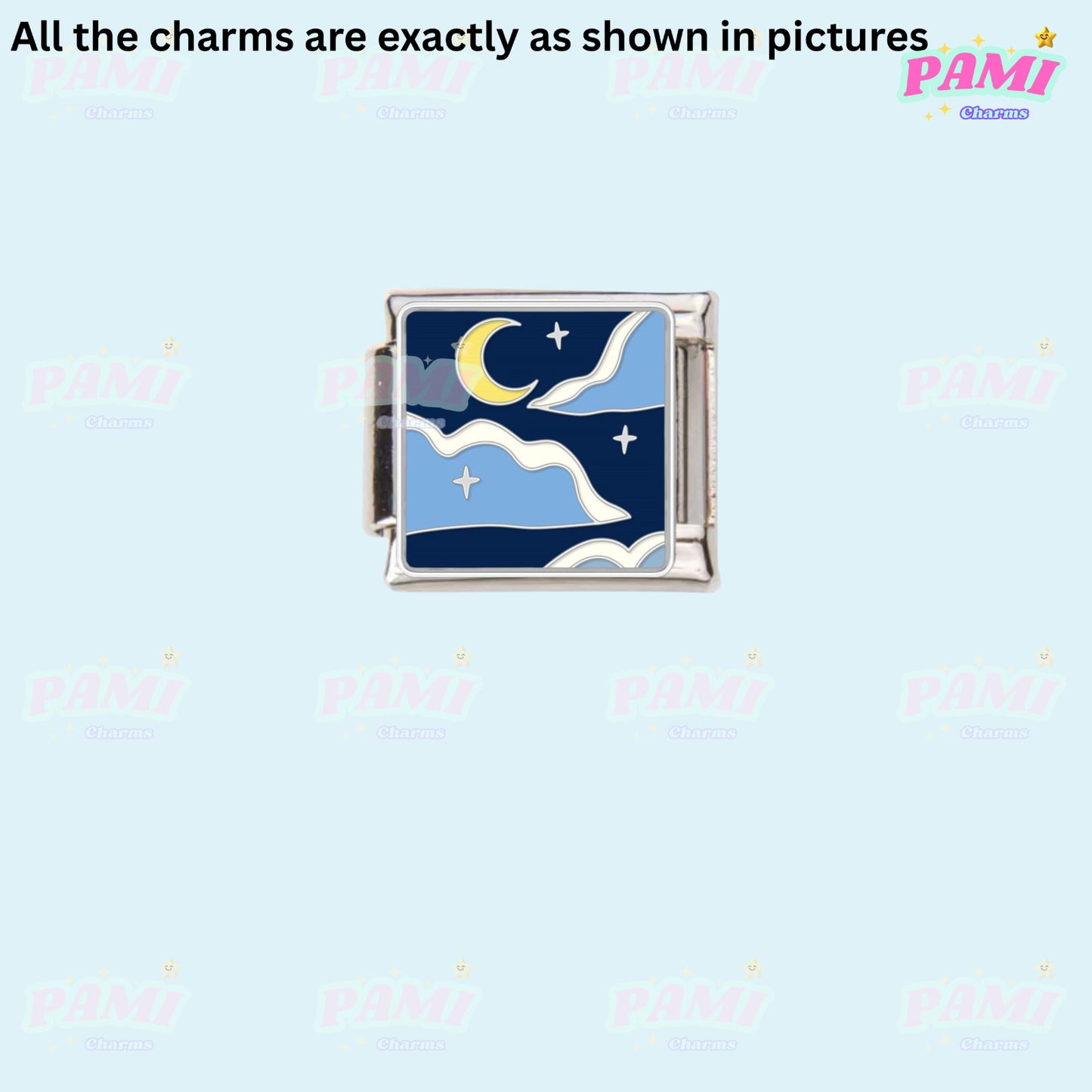 Pami Charms Italian charms featuring a night sky design with moon and stars on a silver base