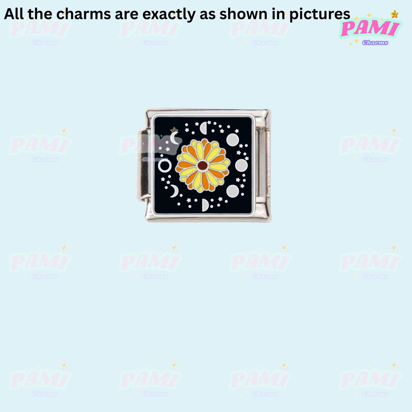 Pami Charms Italian charms with yellow flower and celestial design on black background