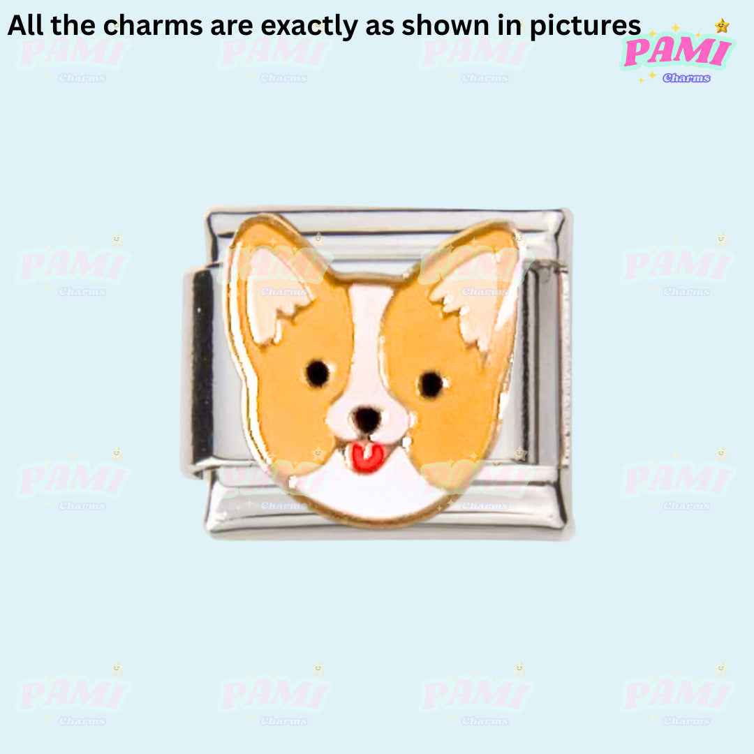 Pami Charms Italian charms featuring a cute enamel dog face charm in silver and orange tones