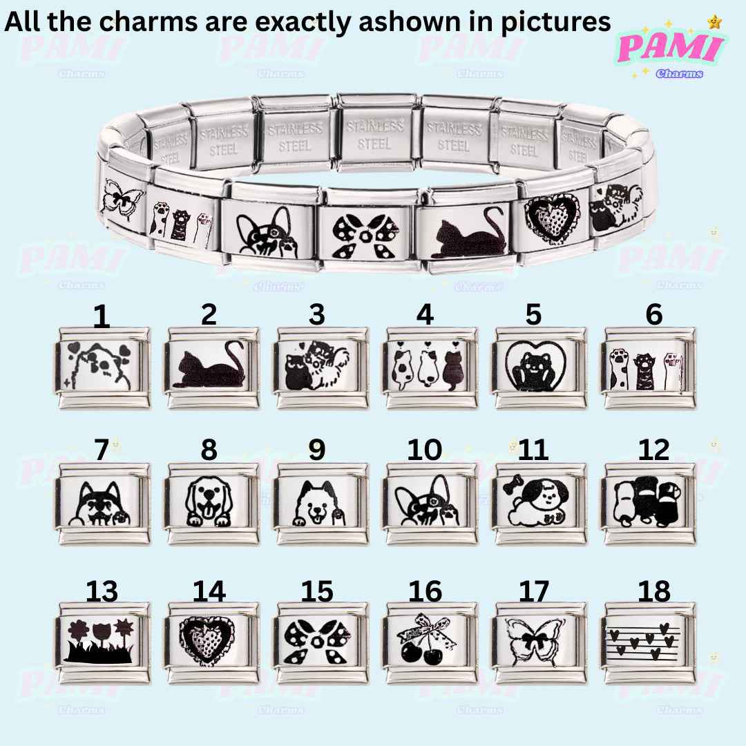 Pami Charms laser engraved Italian charms bracelet featuring various animal and heart designs in stainless steel