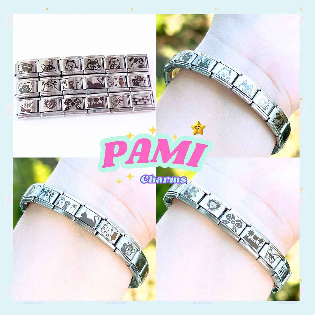 Pami Charms laser engraved italian charms bracelet with various detailed silver links