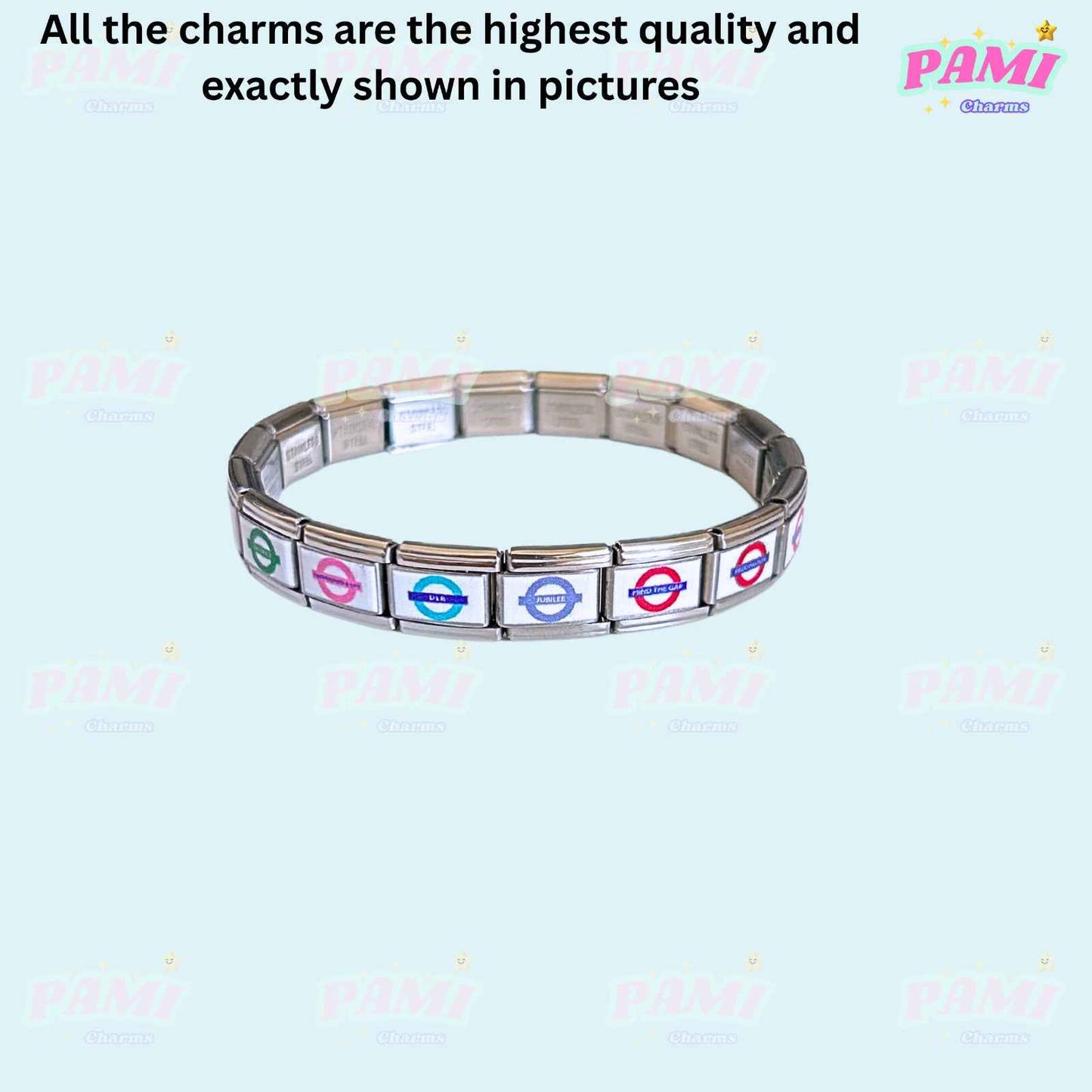 Pami Charms bracelet featuring london underground italian charms with multicolor circular logos on silver links
