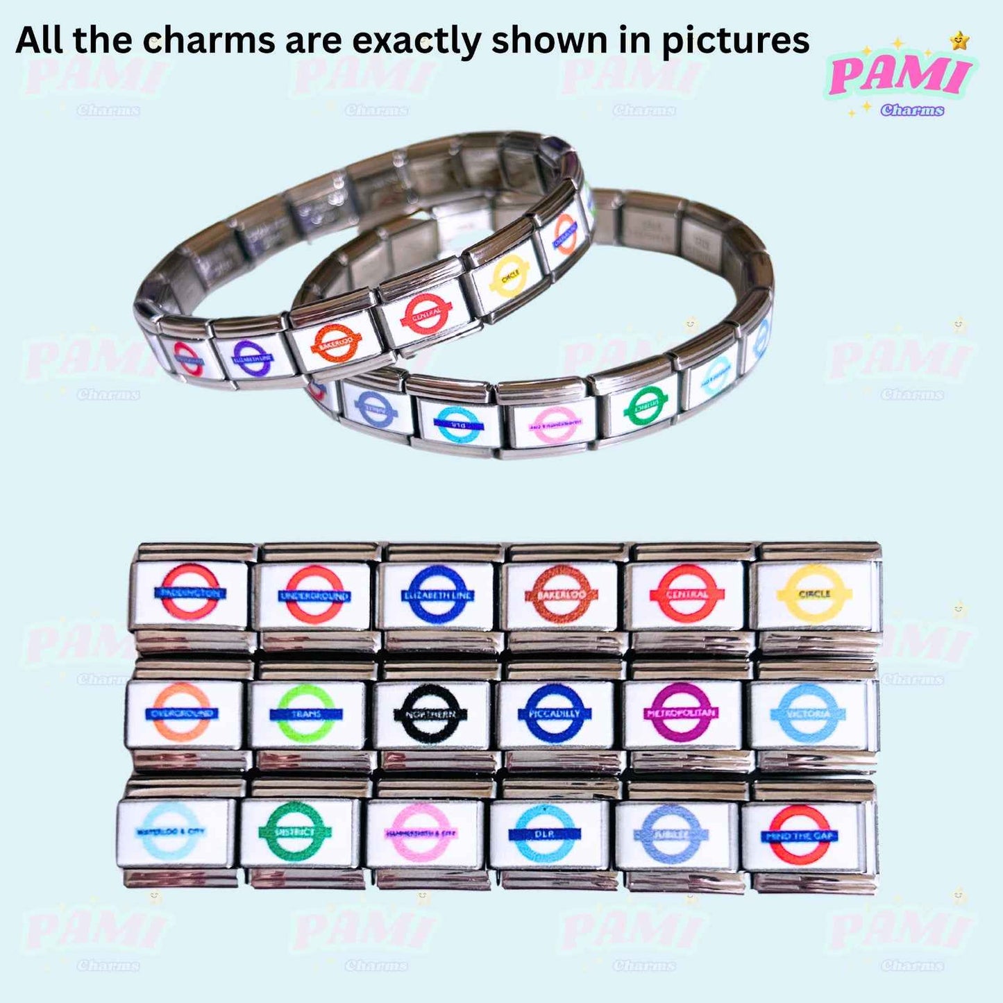 Pami Charms London underground italian charms bracelet with colorful subway line symbols on silver links
