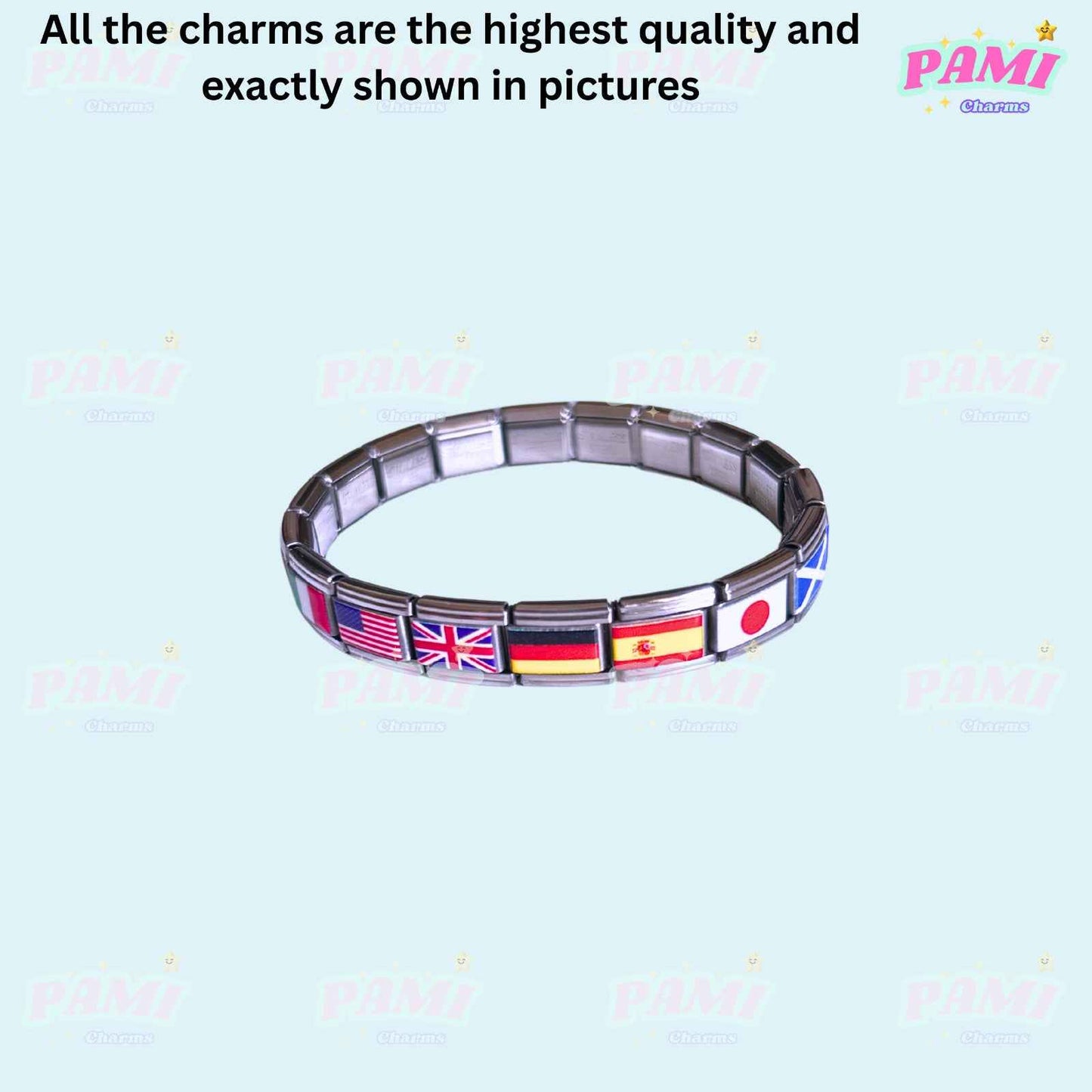 Pami Charms bracelet featuring national flags italian charms including USA UK Germany Spain Japan and Scotland