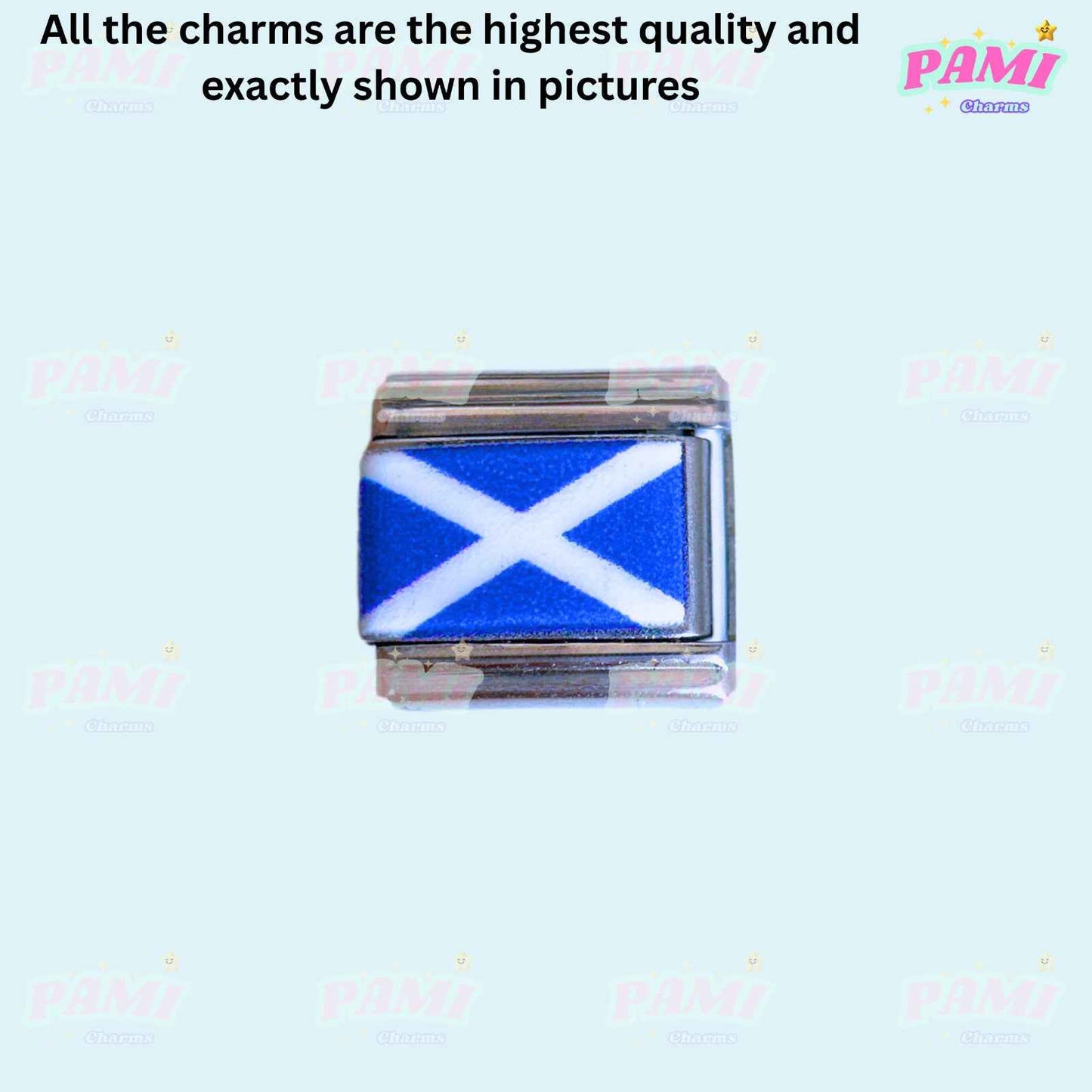Pami Charms national flags italian charms featuring a blue and white Scottish flag charm