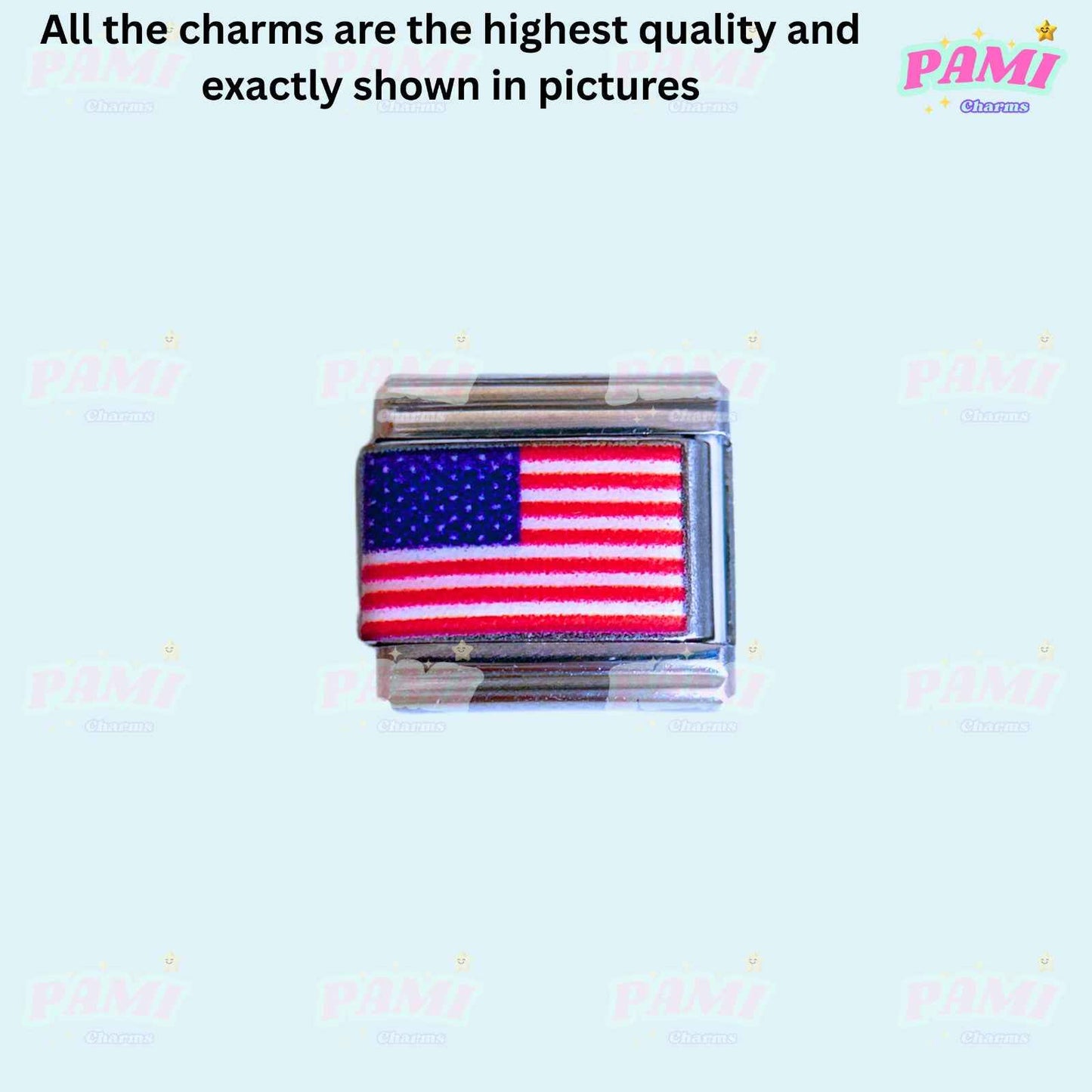 Pami Charms national flags italian charms featuring a rectangular charm with the United States flag design