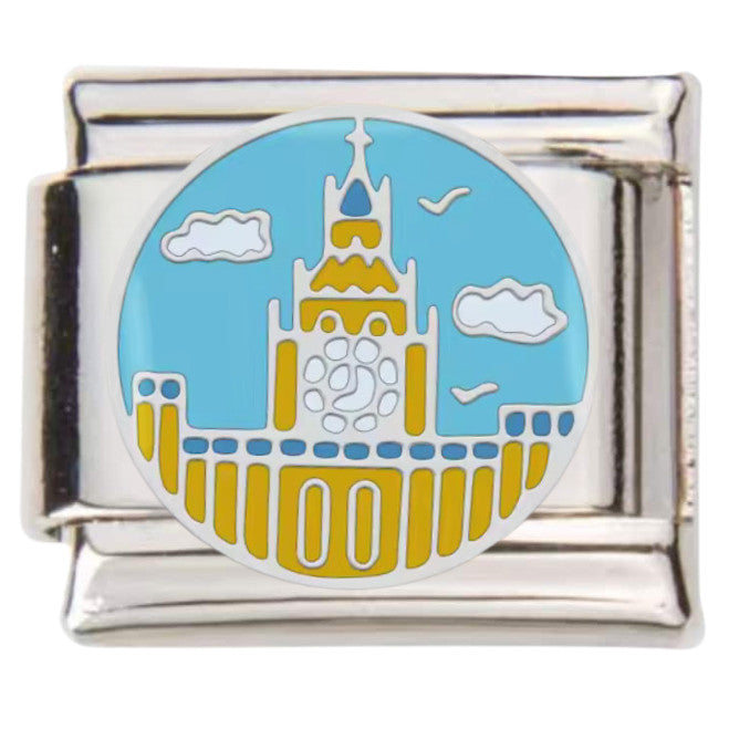 Pami Charms silver Italian charms with blue and yellow architectural design and cloud details