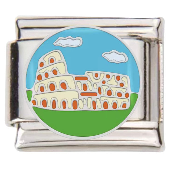Pami Charms Italian charms featuring a colourful Colosseum design on silver bracelet link