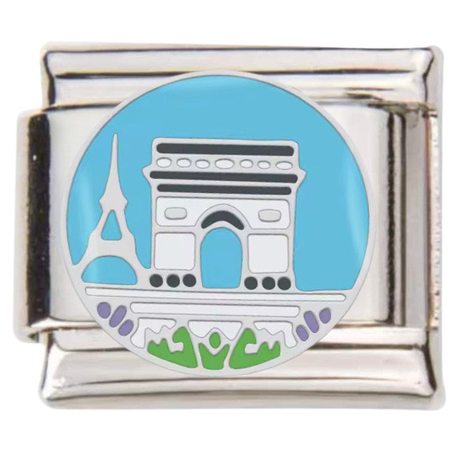 Pami Charms silver Italian charms featuring a blue and green design with a landmark motif