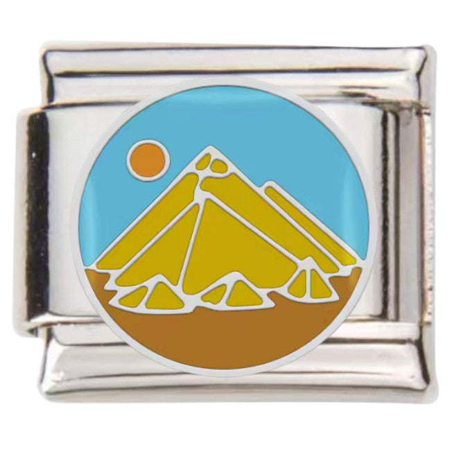 Pami Charms Italian charms with mountain and sun design in blue yellow and brown enamel