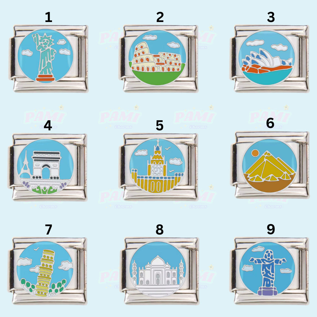 Pami Charms Italian charms featuring iconic landmarks like Statue of Liberty Colosseum Sydney Opera House and more