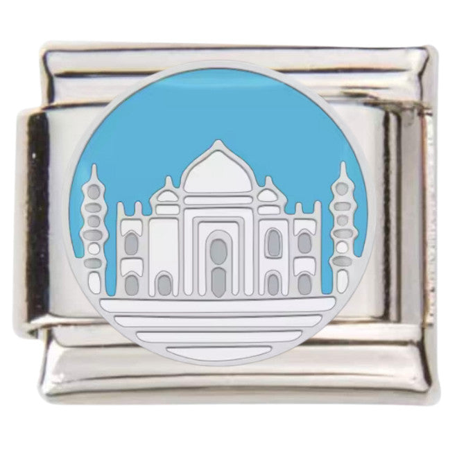 Pami Charms Italian charms featuring silver Taj Mahal design with blue background