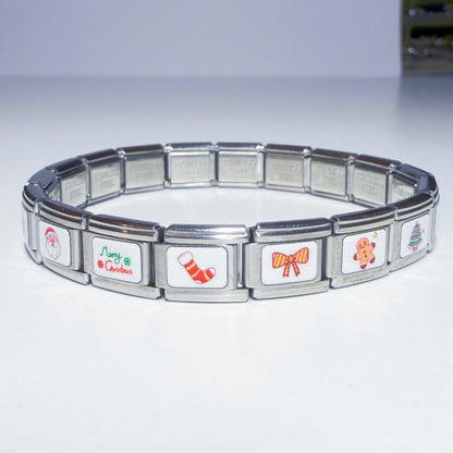 Pami Charms Italian charm bracelet featuring festive holiday designs like Christmas stockings and gingerbread