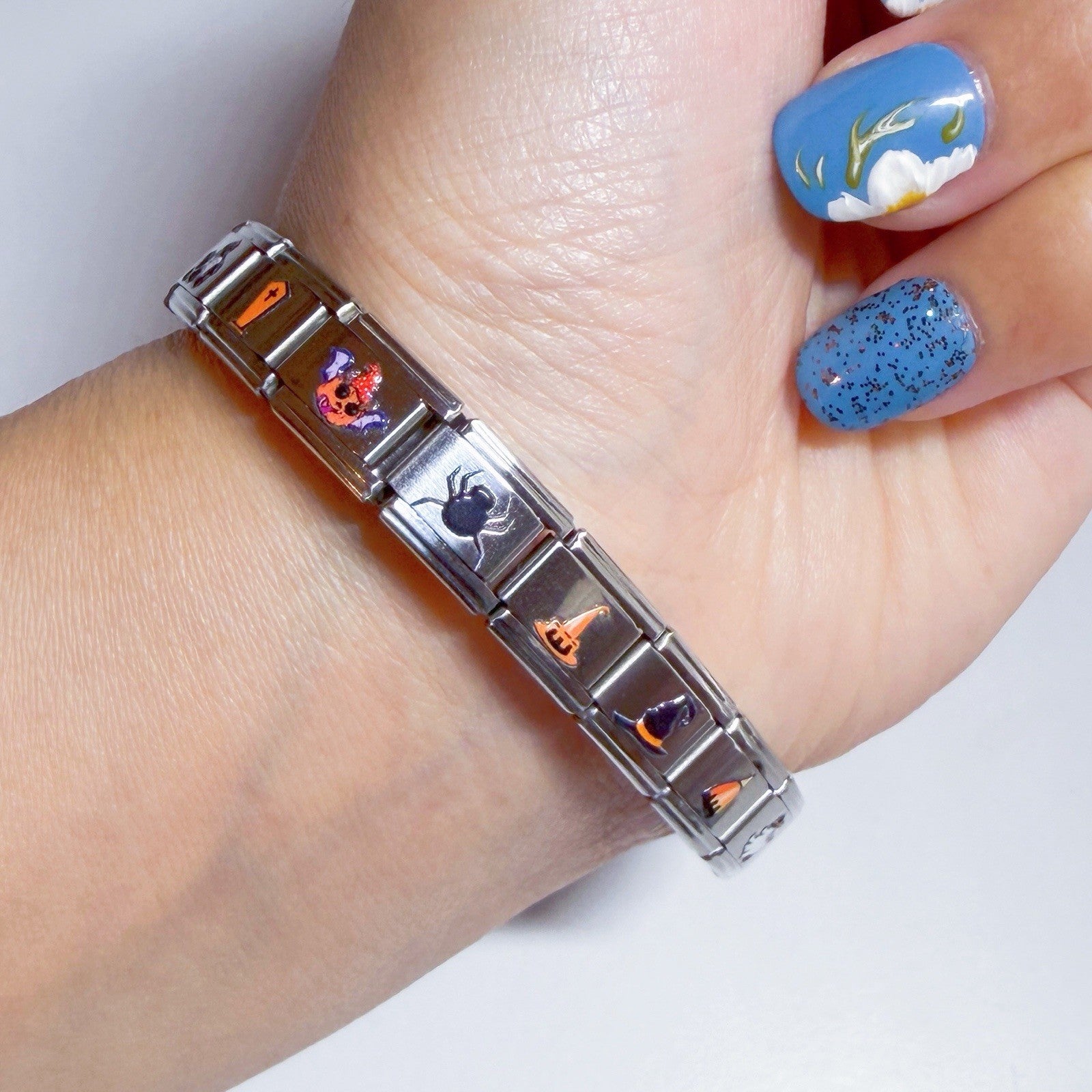 Stylish silver Italian charm bracelet featuring colourful designs for personalised accessories