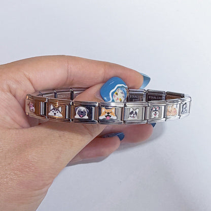 Pami Charms Italian charm bracelet featuring various charming designs and stainless steel links