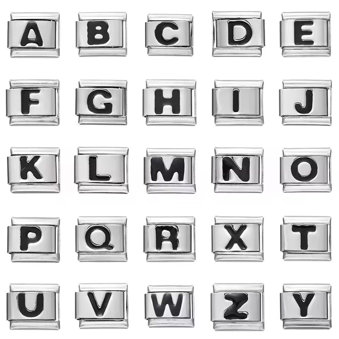 Pami Charms Italian charms alphabet set featuring silver blocks with black letters A to Z