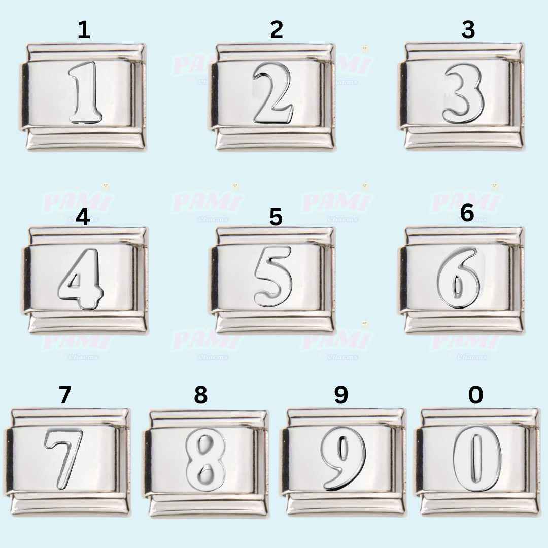 Silver numbered italian charms from 0 to 9 by Pami Charms for customizable jewellery