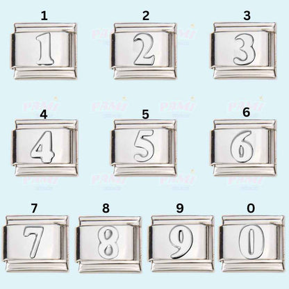 Silver numbered italian charms from 0 to 9 by Pami Charms for customizable jewellery