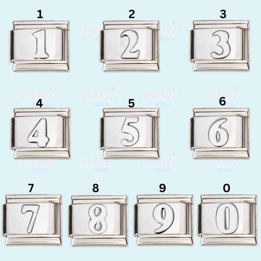 Silver numbered italian charms from 0 to 9 by Pami Charms for customizable jewellery