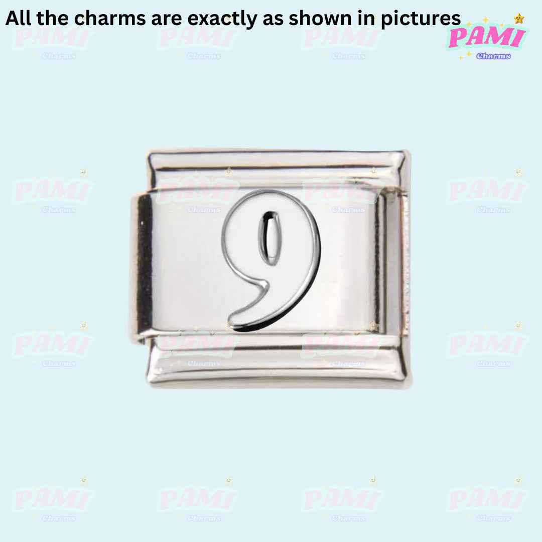 Silver Italian charms with number nine design from Pami Charms on light blue background